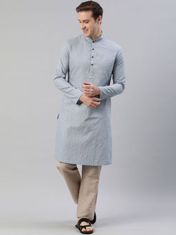 Manthan - Mens Dark Grey Cotton Checks Kurtas