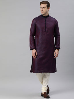 Manthan - Mens Wine Art Silk Self Design Kurtas