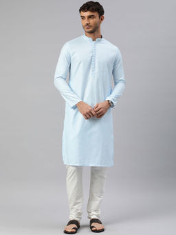 Manthan - Mens Light Blue Blended Viscose Self Design Kurta Churidar (Set of 2)