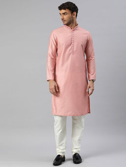 Manthan - Mens Dusty Pink Art Silk Solid Kurta Churidar (Set of 2)