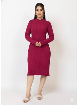 LASOON - Womens Premium Ribbed Knit Magenta Knee length Dress