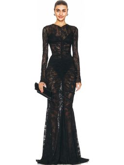 Norma Kamali - Long Sleeve V Neck Shirred Front Fishtail Gown