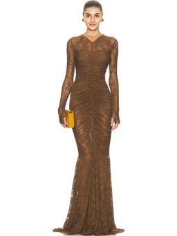 Norma Kamali - Long Sleeve V Neck Shirred Front Fishtail Gown