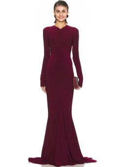 Norma Kamali - Long Sleeve V Neck Shirred Front Fishtail Gown