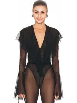 Norma Kamali - Long Sleeve Deep V Ruffle Bodysuit