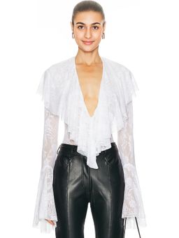 Norma Kamali - Long Sleeve Deep V Ruffle Bodysuit