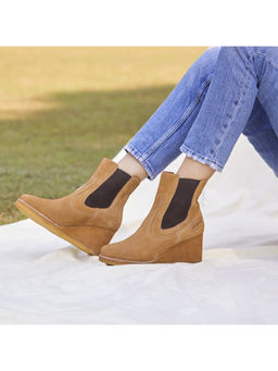 Saint G - Womens Tan Suede Leather Mid Heel Wedge Boots
