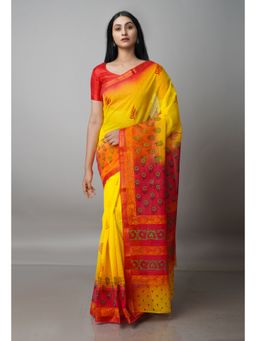Unnati Silks - Yellow Pure Block Printed Kota Cotton Saree with Unstitched Blouse