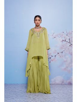 Ajiesh Oberoi - Green Chanda Embroidered Kurti with Bustier and Sharara (Set of 3)