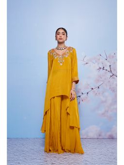 Ajiesh Oberoi - Mustard Chanda Embroidered Kurti with Bustier and Sharara (Set of 3)