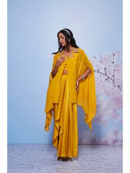 Ajiesh Oberoi - Mustard Zarin Embroidered Cape with Bustier and Skirt (Set of 3)