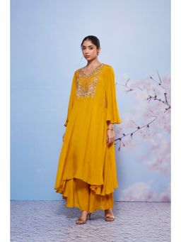 Ajiesh Oberoi - Mustard Chakori Embroidered Kurta with Bustier and Palazzo (Set of 3)