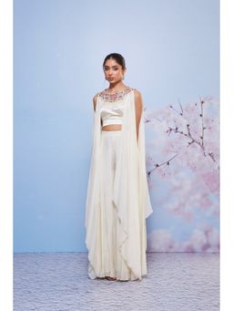 Ajiesh Oberoi - Ivory Daisy Embroidered Cape with Bustier and Sharara (Set of 3)