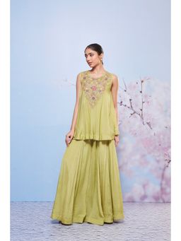 Ajiesh Oberoi - Green Babli Embroidered Kurti with Bustier and Sharara (Set of 3)