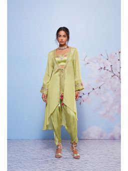 Ajiesh Oberoi - Green Naniya Embroidered Jacket with Bustier and Dhoti (Set of 3)