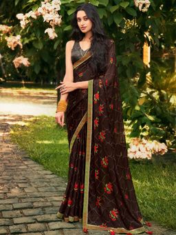Odette - Womens Chiffon Brown Embellished Saree with Unstitched Blouse