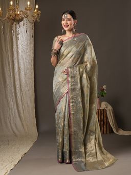 Akhilam - Womens Organza Grey Woven Design Designer Saree with Unstitched Blouse