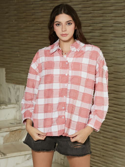 PINACOLADA - Salmon Pink and Daisy White Distressed Buffalo-Check Oversized Shirt