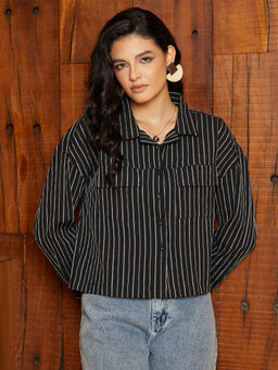 PINACOLADA - Midnight Black Striped Utility Oversized Shirt