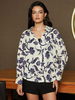 PINACOLADA - Midnight Blue and Cream White Contrast Flower Oversized Shirt