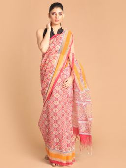 Indethnic - Pink Printed Super Net Saree with Unstitched Blouse