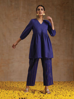 trueBrowns - Spectrum Navy Blue Gold Cotton Overlap Kurta & Pants Co-Ord (Set of 2)