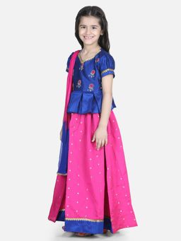 BownBee - Embroidered South Indian Pavda Pattu Lehenga- Blue (Set of 3)
