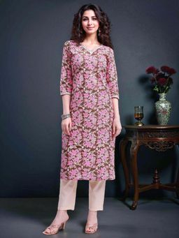 Gahan - Women Pure Cotton Floral Straight Kurta with Hand Block Print & Lace Detail