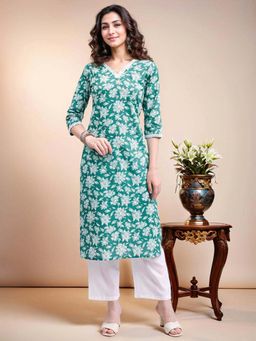 Gahan - Women Pure Cotton Hand Block Printed Floral Straight Kurta with Lace detailing