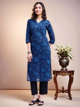 Gahan - Women Blue Pure Cotton Floral Printed Straight Kurta