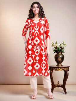 Gahan - Women Red & Cream Ikat Printed Pure Cotton Straight Kurta