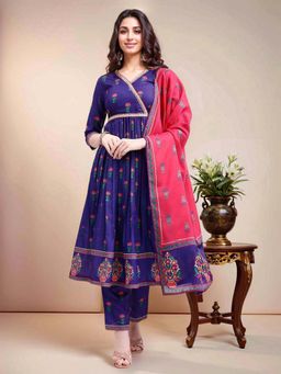 Gahan - Women Purple Floral Printed Anarkali Kurta Pant with Zari Lace & Printed Dupatta