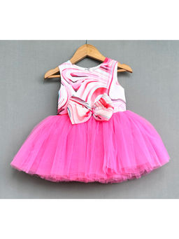 LABEL NEETI - Pink Swirl Net Flair Dress With Bow