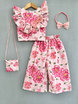 LABEL NEETI - Pink Floral Print Co-Ord Set With Sling Bag & Hairband