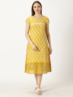 Saffron Threads - Yellow Abstract Print Cotton Dress with Lace Inserts