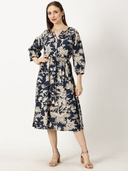 Saffron Threads - Navy Blue Tropical Print Cotton Dress with Waist Tie-Up