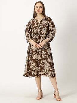 Saffron Threads - Brown Tropical Print Cotton Dress with Waist Tie-Up