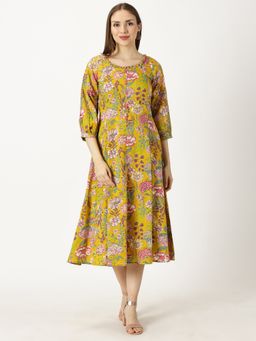 Saffron Threads - Mustard Tropical Print Boho Cotton Dress