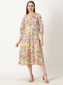 Saffron Threads - Pink Tropical Print Boho Cotton Dress