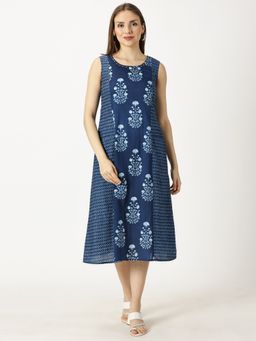 Saffron Threads - Navy Blue Ethnic Motifs Paneled Printed Cotton Dress
