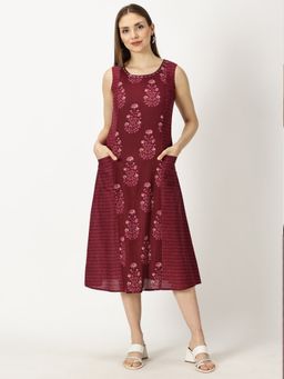 Saffron Threads - Wine Ethnic Motifs Paneled Printed Cotton Dress