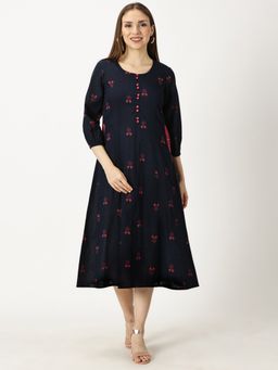 Saffron Threads - Navy Blue Princess Paneled Woven Cotton Dress