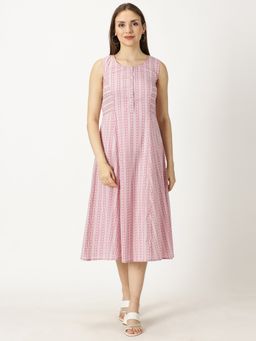 Saffron Threads - Pink Paneled Printed Cotton A-Line Dress