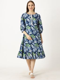 Saffron Threads - Blue Floral Printed Cotton Dress with Flounce Hem