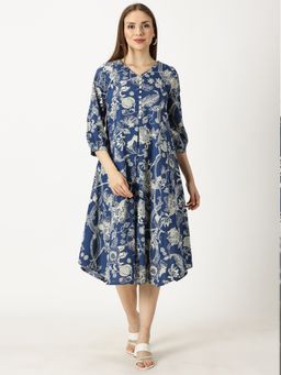 Saffron Threads - Blue Tropical Print Cotton Dress with Back Strap