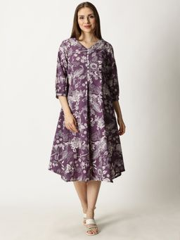 Saffron Threads - Purple Tropical Print Cotton Dress with Back Strap