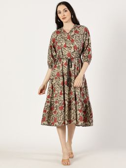 Saffron Threads - Rust Tropical Print Cotton Dress with Waist Tie-Up