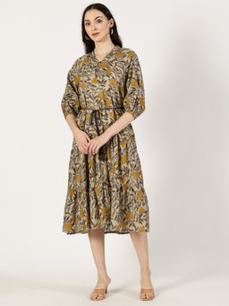 Saffron Threads - Mustard Tropical Print Cotton Dress with Waist Tie-Up