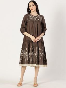 Saffron Threads - Brown Cotton Linen Embroidered Dress with Lace Inserts