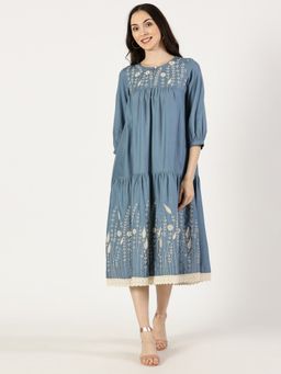 Saffron Threads - Blue Cotton Linen Embroidered Dress with Lace Inserts